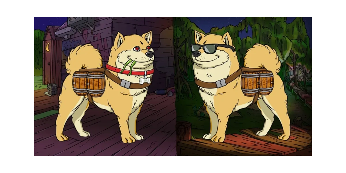 Two illustrated Shiba Inu characters with drums